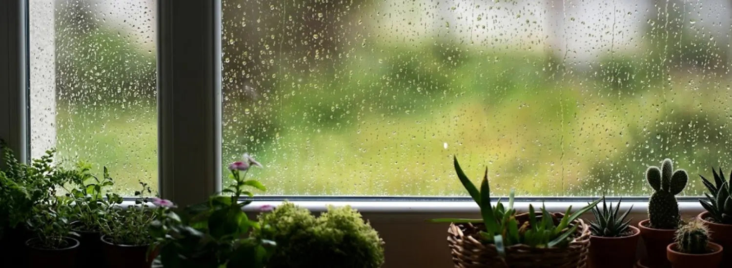 A blurry view out a rainy window covered in water droplets, with several indoor plants visible on the windowsill.