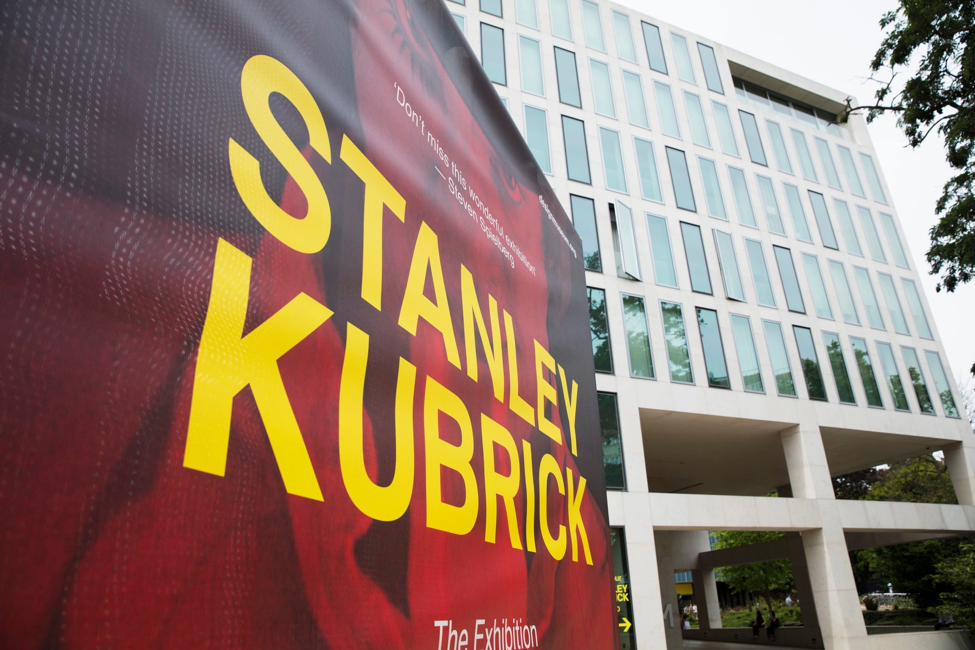 Closeup of a poster reading “Stanley Kubrick, the exhibition,” taken outside the Kensington Design Museum in London.
