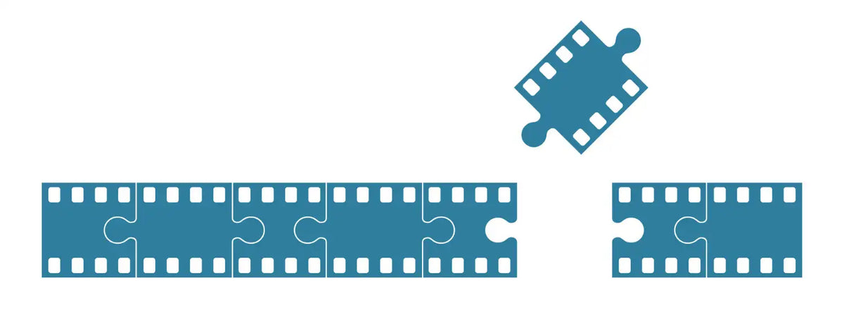 Art of a film reel broken into jigsaw puzzle pieces.
